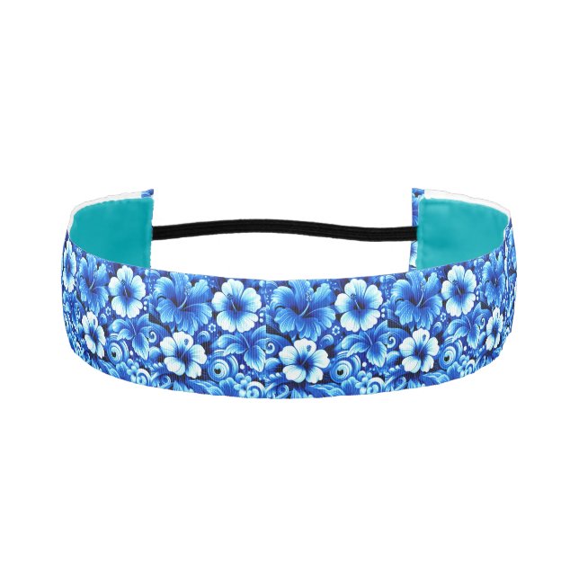 Tropical Hawaiian Flowers Hibiscus Cobalt Blue Athletic Headband (Front)
