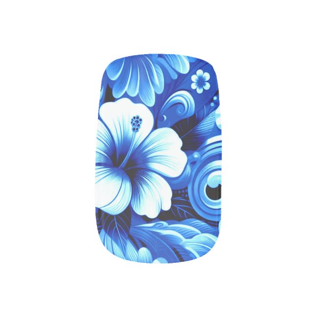 Tropical Hawaiian Flowers Hibiscus Cobalt Blue Minx Nail Art (Left Thumb)