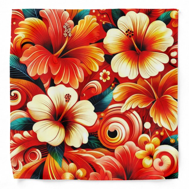 Tropical Hawaiian Flowers Hibiscus Orange Yellow Bandana (Front)