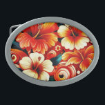 Tropical Hawaiian Flowers Hibiscus Orange Yellow Belt Buckle<br><div class="desc">Hibiscus flowers symbolize beauty, femininity, and delicate charm. They are often associated with love, passion, and romance. In some cultures, hibiscus flowers also represent hospitality and welcoming. Their vibrant colors and striking appearance make them symbols of joy and celebration. Please follow me; I create new designs and products daily! Feel...</div>