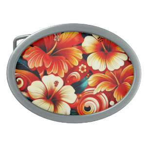 Tropical Hawaiian Flowers Hibiscus Orange Yellow Belt Buckle