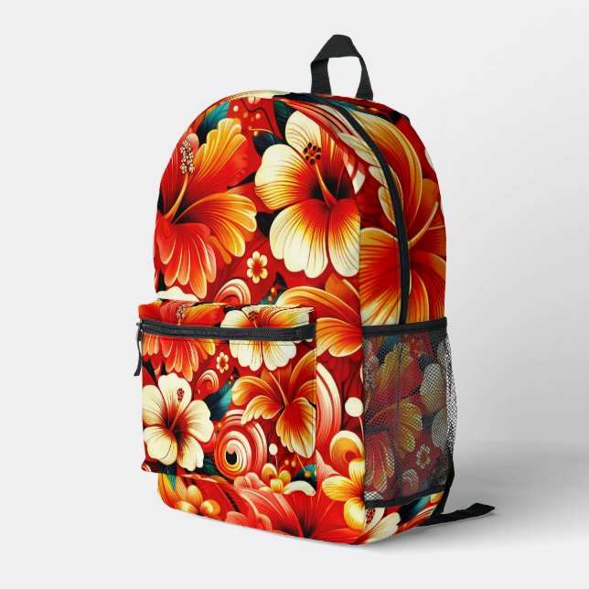Tropical Hawaiian Flowers Hibiscus Orange Yellow Printed Backpack (Back Corner Right)