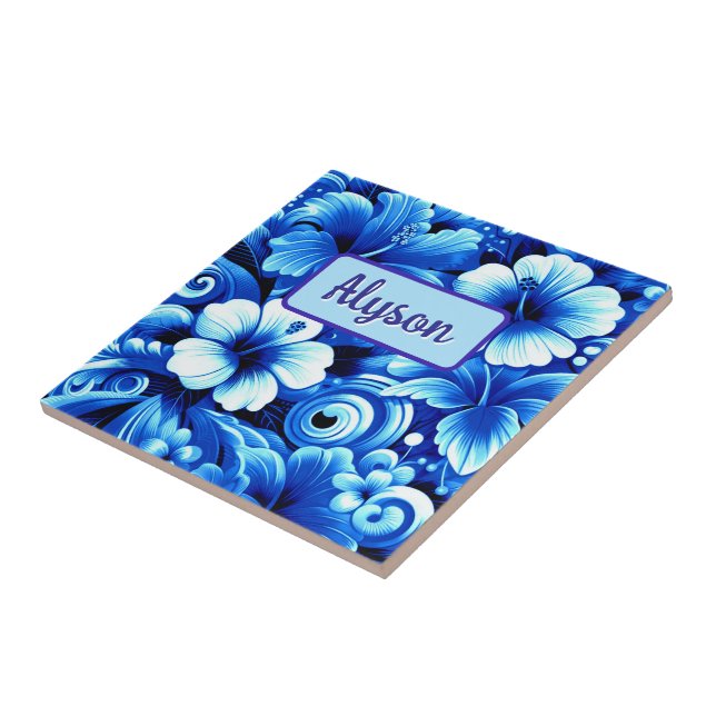 Tropical Hawaiian Flowers Hibiscus Personalized Ceramic Tile (Side)