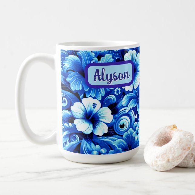 Tropical Hawaiian Flowers Hibiscus Personalized Coffee Mug (With Donut)