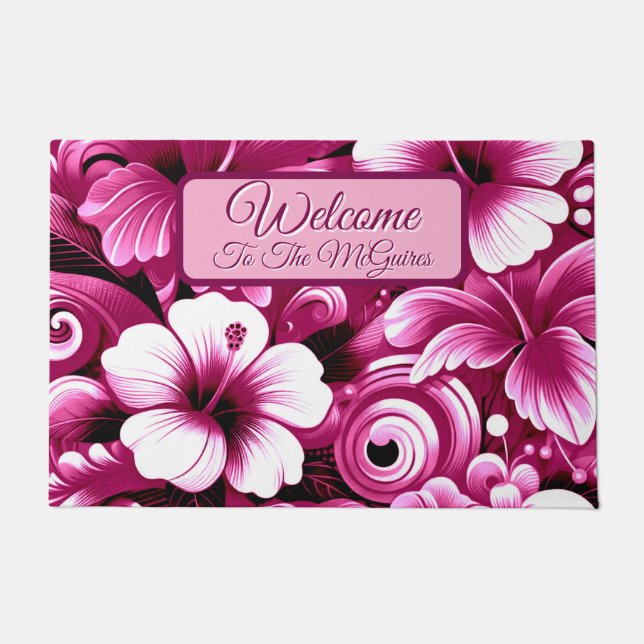 Tropical Hawaiian Flowers Hibiscus Personalized Doormat (Front)