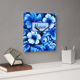 Tropical Hawaiian Flowers Hibiscus Personalized Square Wall Clock