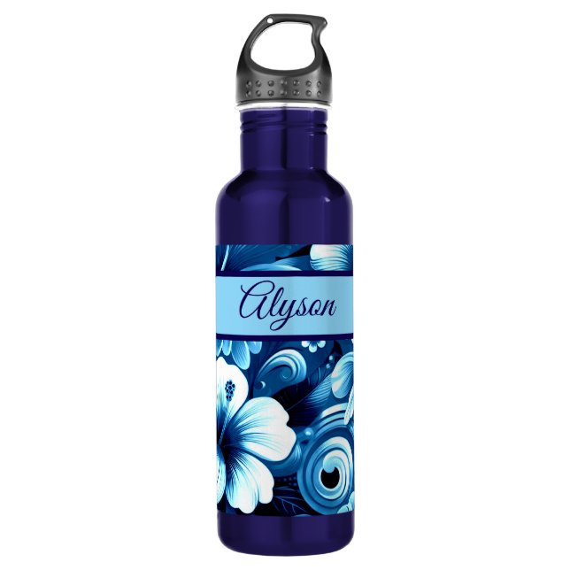 Tropical Hawaiian Flowers Hibiscus Personalized Stainless Steel Water Bottle (Front)
