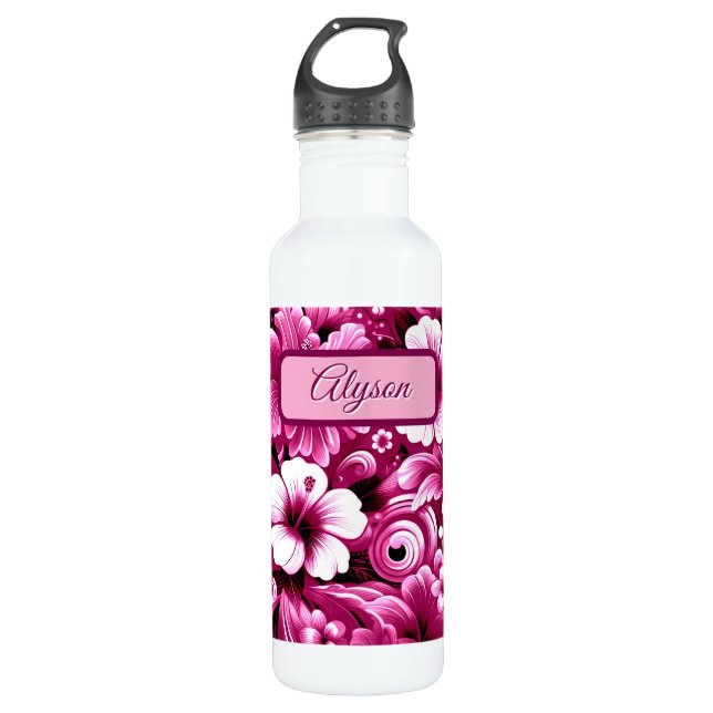 Tropical Hawaiian Flowers Hibiscus Personalized Stainless Steel Water Bottle (Front)
