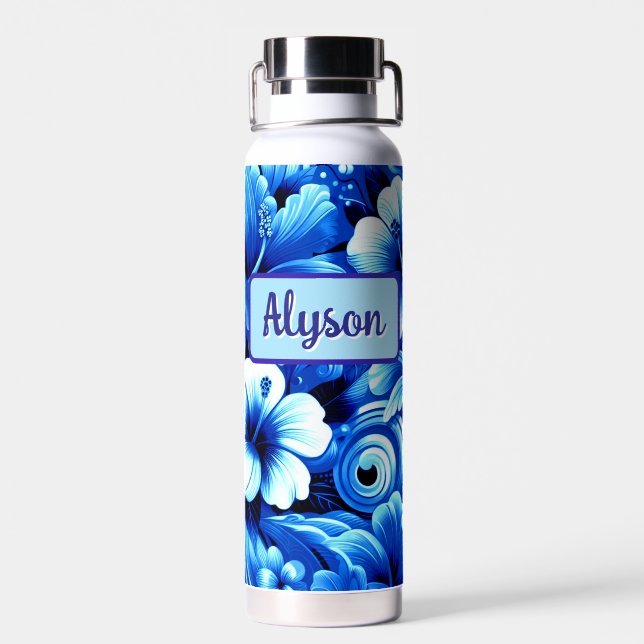 Tropical Hawaiian Flowers Hibiscus Personalized Water Bottle (Back)