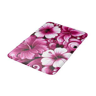 Tropical Hawaiian Flowers Hibiscus Pink Pattern Bath Mat