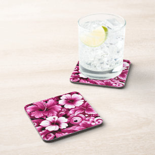 Tropical Hawaiian Flowers Hibiscus Pink Pattern Beverage Coaster