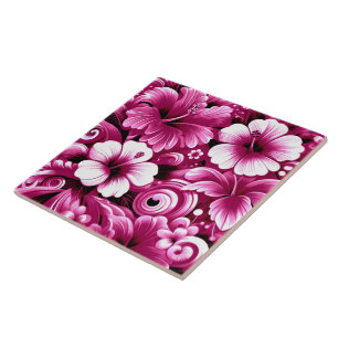 Tropical Hawaiian Flowers Hibiscus Pink Pattern Ceramic Tile