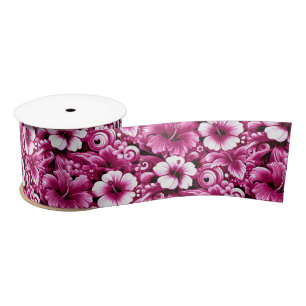 Tropical Hawaiian Flowers Hibiscus Pink Pattern Satin Ribbon