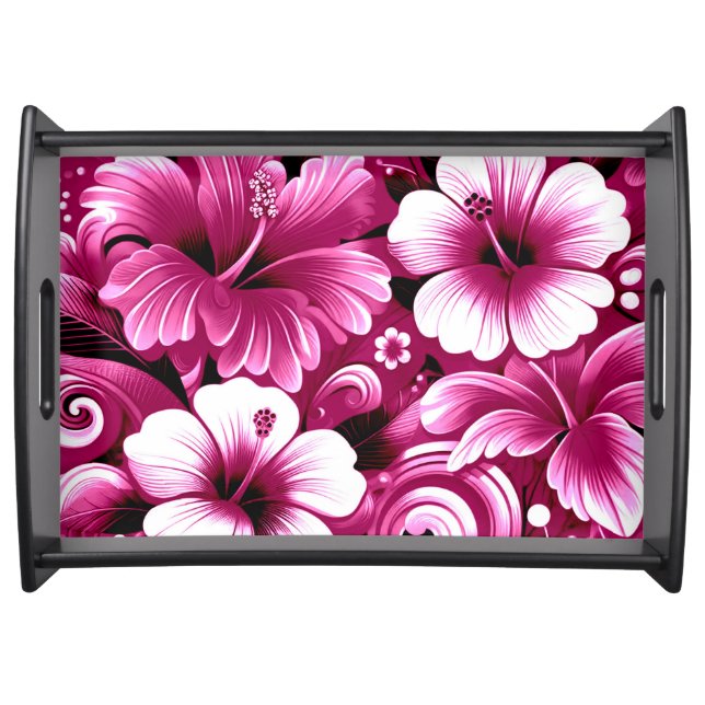 Tropical Hawaiian Flowers Hibiscus Pink Pattern Serving Tray (Front)