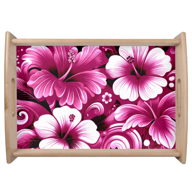 Tropical Hawaiian Flowers Hibiscus Pink Pattern Serving Tray (Front)