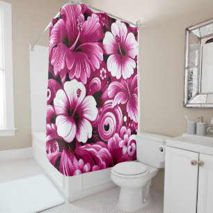Tropical Hawaiian Flowers Hibiscus Pink Pattern Shower Curtain