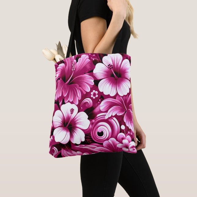 Tropical Hawaiian Flowers Hibiscus Pink Pattern Tote Bag (Close Up)