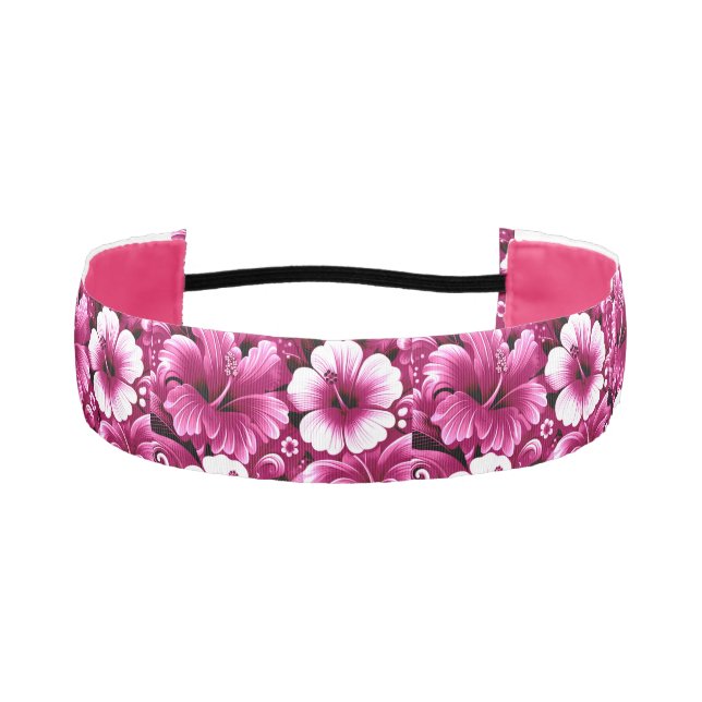Tropical Hawaiian Flowers Hibiscus Pink White Athletic Headband (Front)