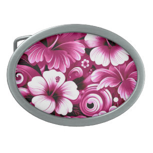 Tropical Hawaiian Flowers Hibiscus Pink White Belt Buckle