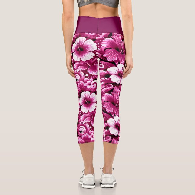Tropical Hawaiian Flowers Hibiscus Pink White Capri Leggings (Back)