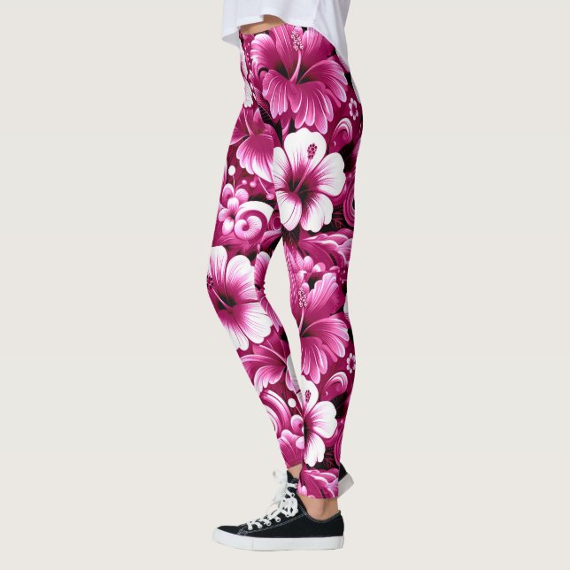 Tropical Hawaiian Flowers Hibiscus Pink White Leggings (Left)