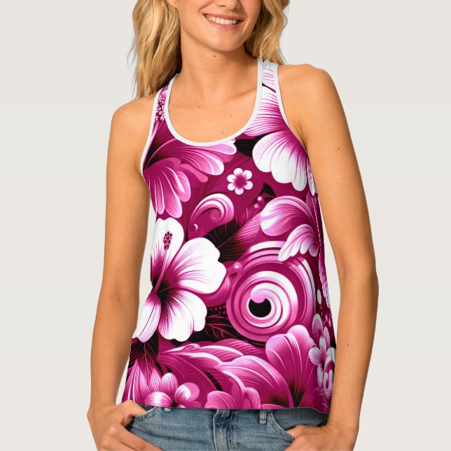 Tropical Hawaiian Flowers Hibiscus Pink White Tank Top (Front)