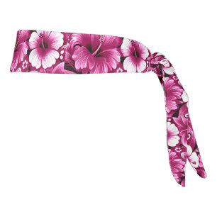 Tropical Hawaiian Flowers Hibiscus Pink White Tie Headband