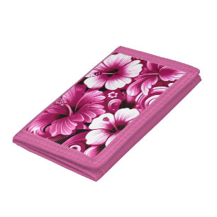 Tropical Hawaiian Flowers Hibiscus Pink White Tri-fold Wallet