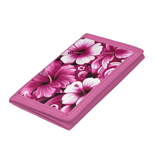 Tropical Hawaiian Flowers Hibiscus Pink White Trifold Wallet (Bottom)