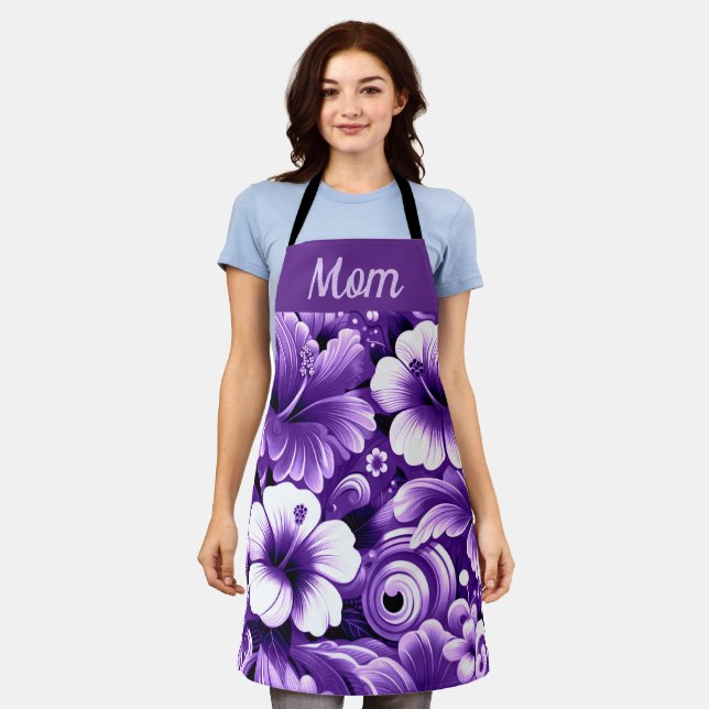 Tropical Hawaiian Flowers Hibiscus Purple Pattern Apron (Worn)