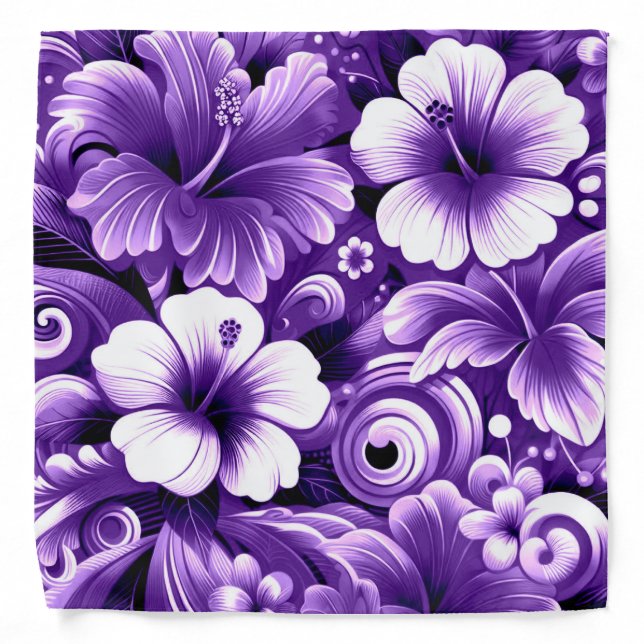 Tropical Hawaiian Flowers Hibiscus Purple Pattern Bandana (Front)