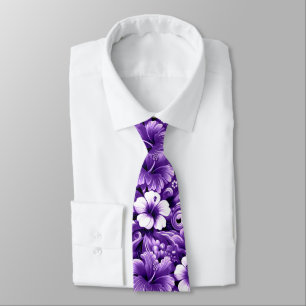 Tropical Hawaiian Flowers Hibiscus Purple Pattern Neck Tie