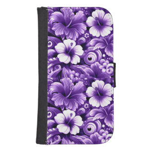 Tropical Hawaiian Flowers Hibiscus Purple Pattern Galaxy S4 Wallet Case