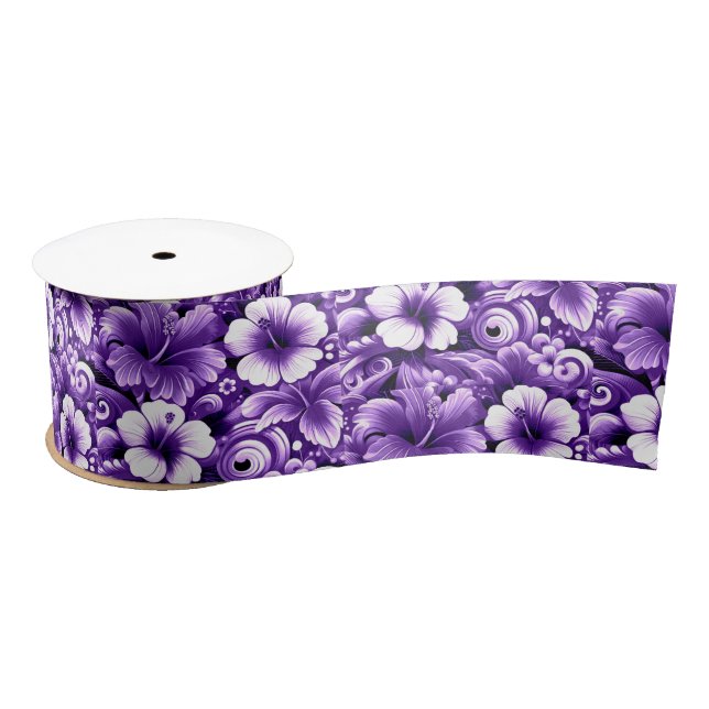 Tropical Hawaiian Flowers Hibiscus Purple Pattern Satin Ribbon (Spool)