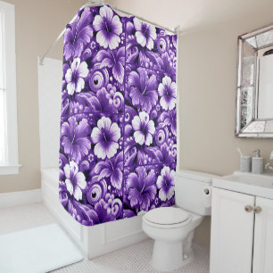 Tropical Hawaiian Flowers Hibiscus Purple Pattern Shower Curtain