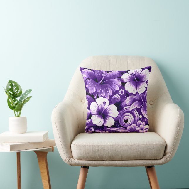Tropical Hawaiian Flowers Hibiscus Purple Pattern Throw Pillow (Chair)