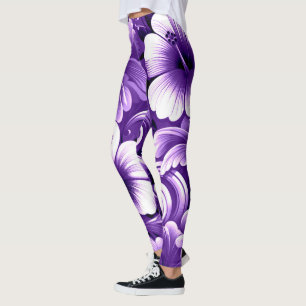 Tropical Hawaiian Flowers Hibiscus Purple White Leggings
