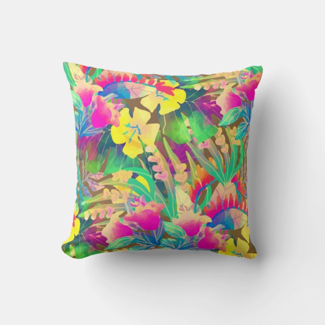 Tropical Hawaiian flowers leaves colorful floral Throw Pillow (Front)