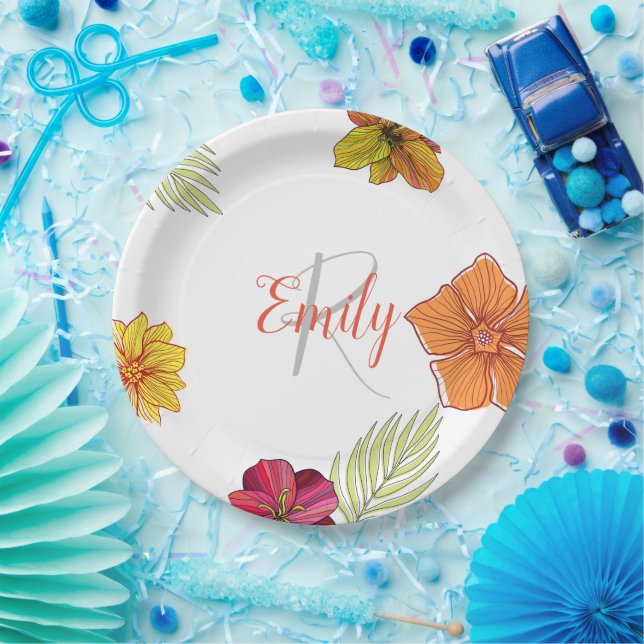Tropical Hawaiian Flowers Monogram Elegant Floral Paper Plates (Party)