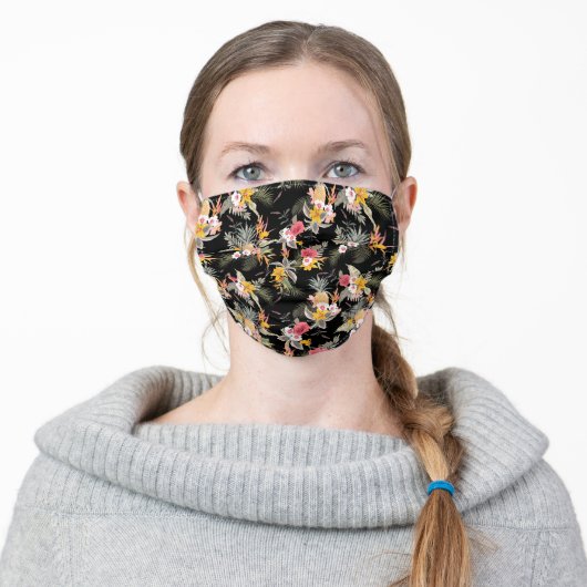 Tropical Hawaiian Flowers on Black Adult Cloth Face Mask (Worn)