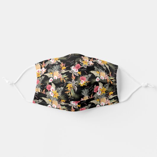 Tropical Hawaiian Flowers on Black Adult Cloth Face Mask (Front, Unfolded)