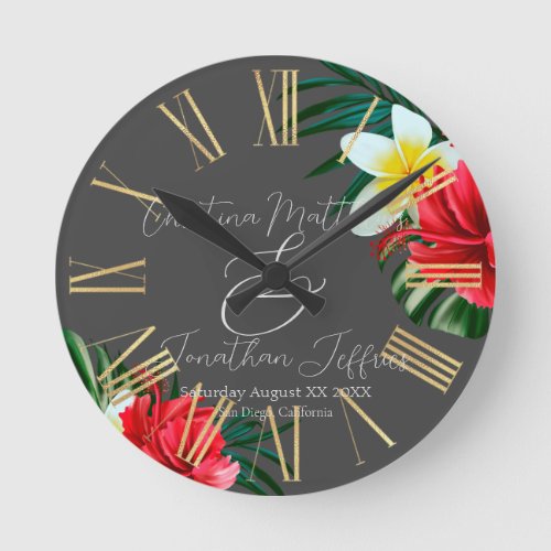 Tropical Hawaiian Flowers on Elegant Gray Round Clock