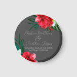 Tropical Hawaiian Flowers on Elegant Gray Wedding Magnet<br><div class="desc">This custom keepsake magnet features a tropical beach or island wedding theme. The background is a simple and elegant gray with colorful,  tropical Hawaiian flowers. Floral bouquets with palm leaves,  hibiscus,  and frangipani flowers accent the borders.</div>