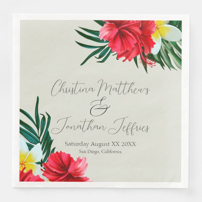 Tropical Hawaiian Flowers on Elegant Sage Paper Dinner Napkins (Front)