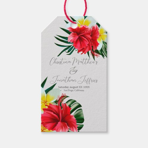 Tropical Hawaiian Flowers on Elegant Sage Wedding Gift Tags