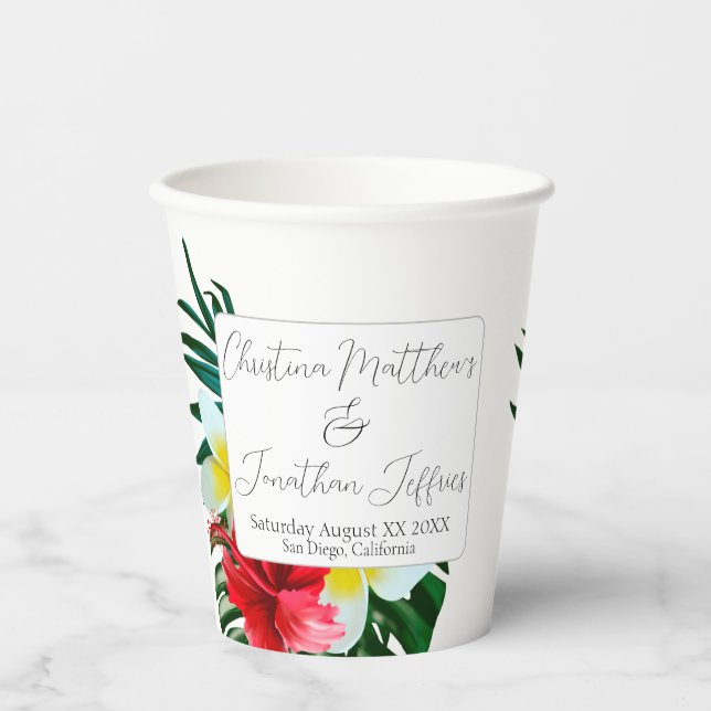 Tropical Hawaiian Flowers on Elegant White Paper Cups (Front)