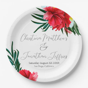 Tropical Hawaiian Flowers on Elegant White Paper Plates