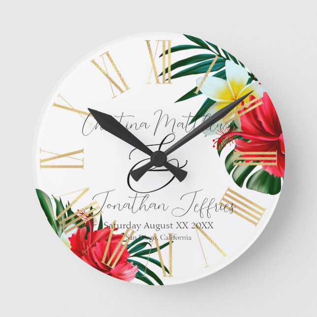 Tropical Hawaiian Flowers on Elegant White Round Clock (Front)
