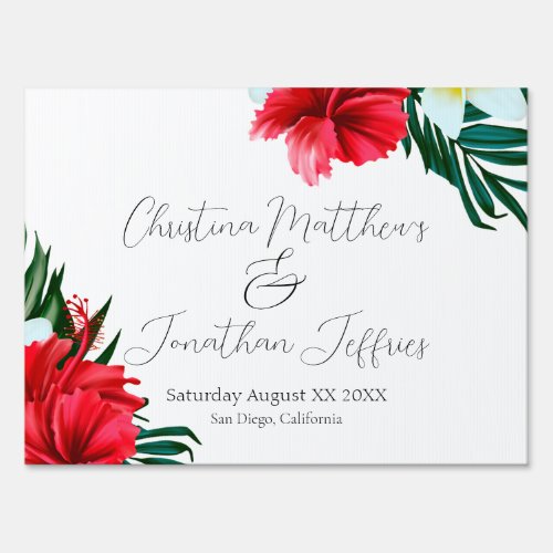 Tropical Hawaiian Flowers on Elegant White Wedding Sign