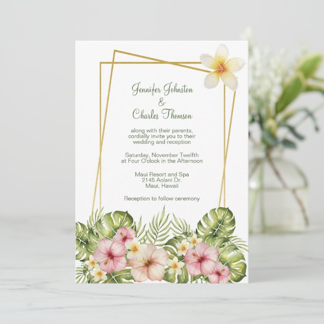 Tropical Hawaiian Flowers Wedding Invitation (Standing Front)